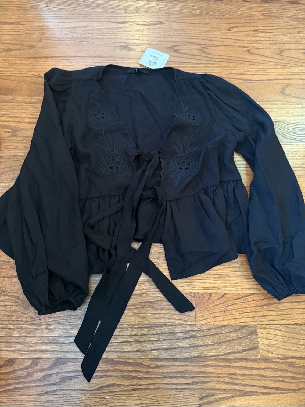 Women's Black Tie-Front Blouse with Embroidered Detail